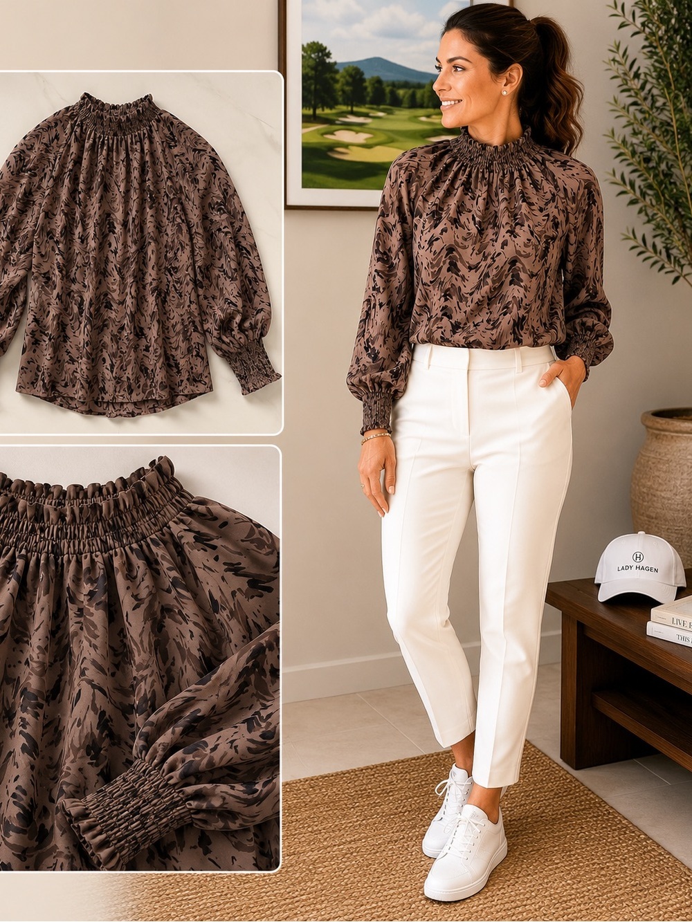 Grade & Gather Smocked Neck Brown Animal Print Blouse size small
